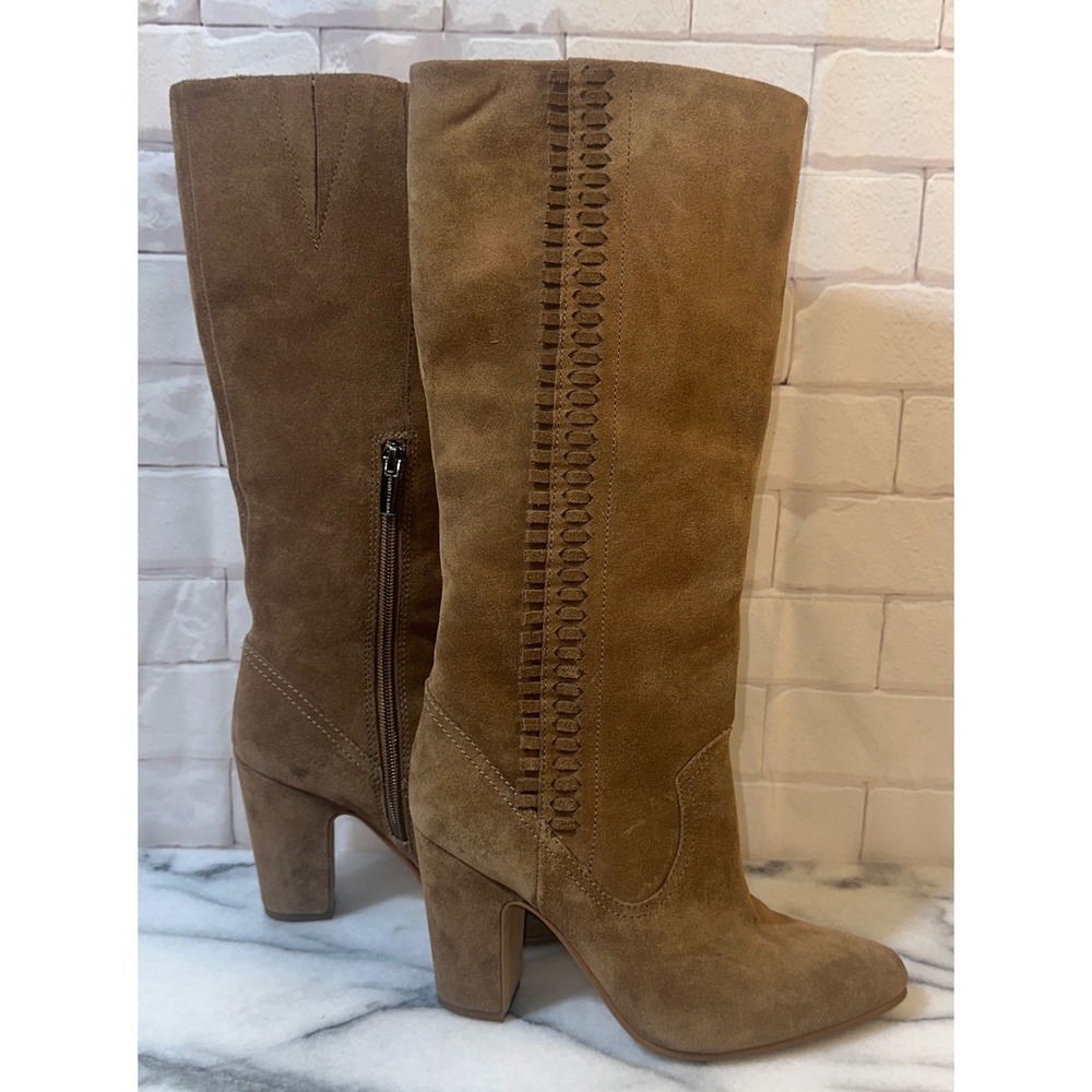 Vince Camuto Tan Suede Tall Block Heel Boots Pointed Toe Whipstitch Detail 6M